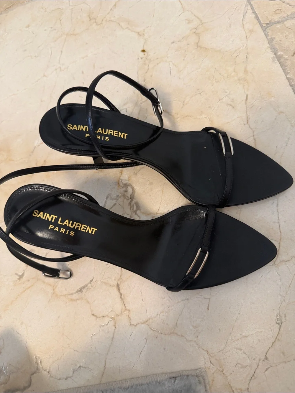 Saint Laurent Black Pointed Leather Ankle-Tie Heels - Picture 7 of 7